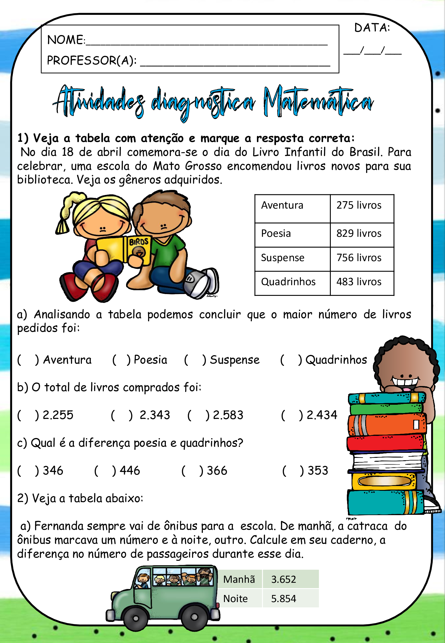 Atividades diagnósticas Matemática 3º ano - Loja da Coruja Pedagógica