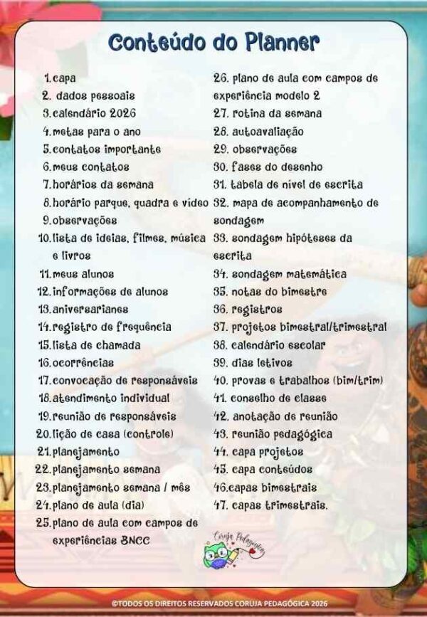 Moana Planner e Caderno Pedagógico 2026 @corujapedagogica