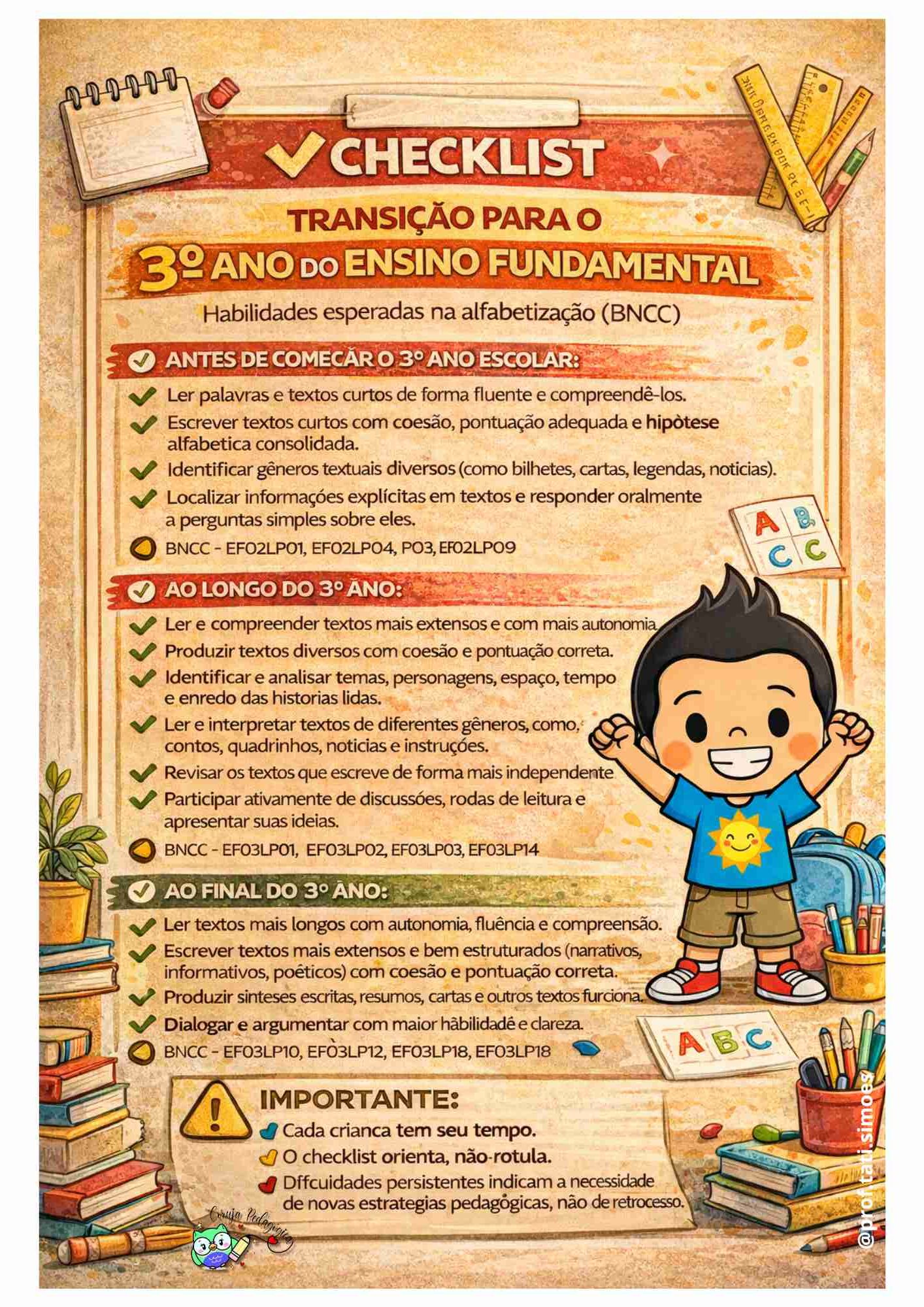 Checklist Exclusivo: Transição para os Anos Iniciais (BNCC) Checklist A4 3º ano @prof.tati.simoes