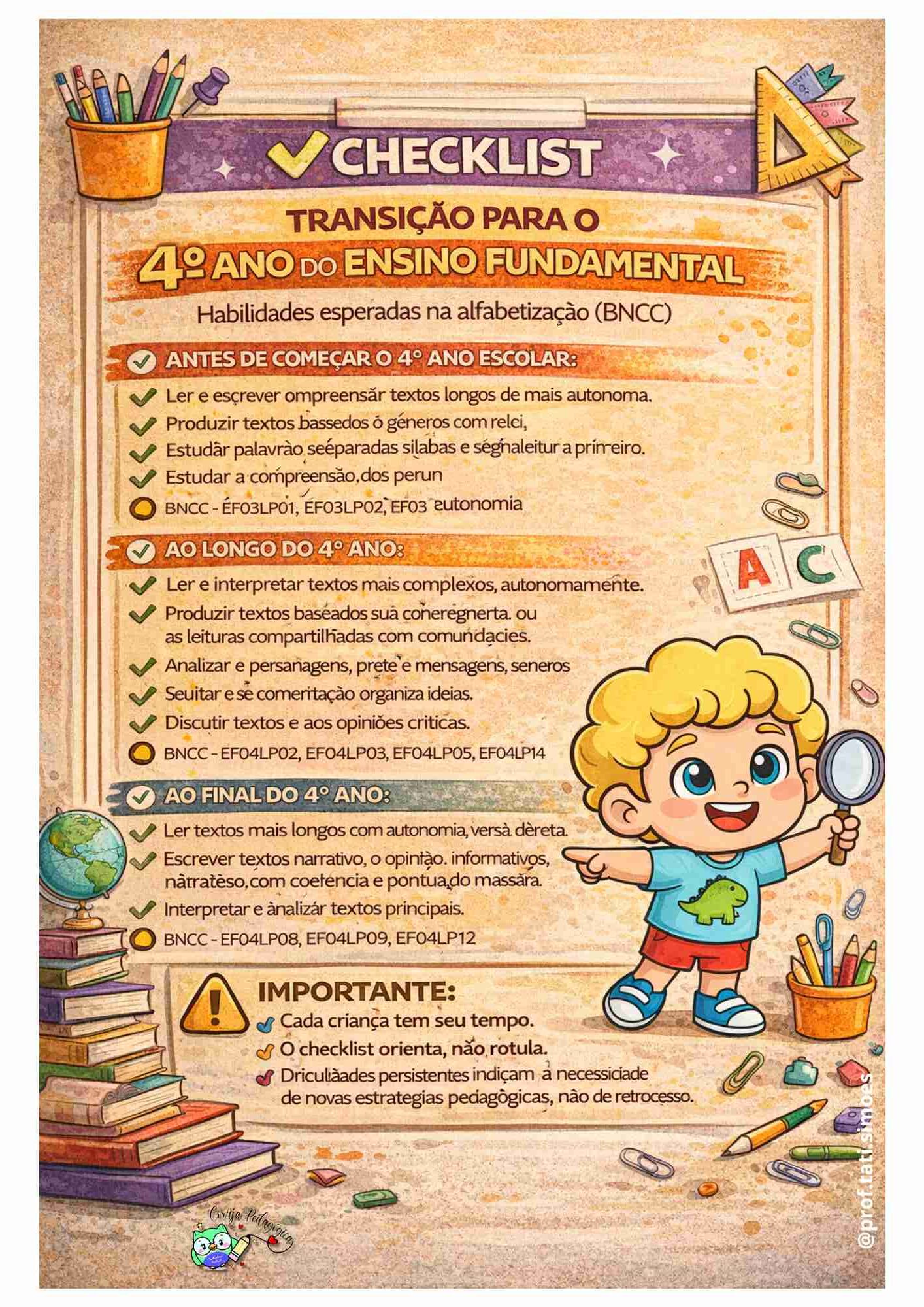 Checklist Exclusivo: Transição para os Anos Iniciais (BNCC) Checklist A4 4º ano @prof.tati.simoes