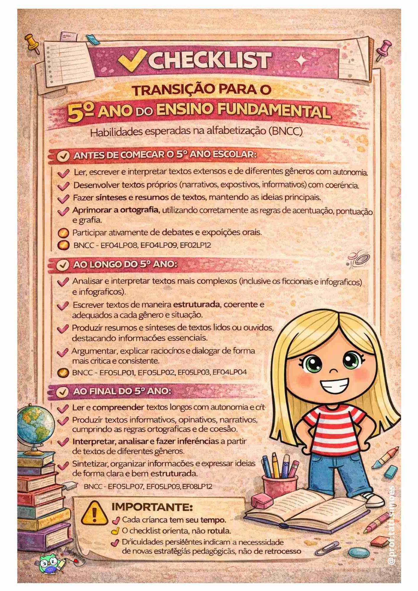 Checklist Exclusivo: Transição para os Anos Iniciais (BNCC) Checklist A4 5º ano @prof.tati.simoes