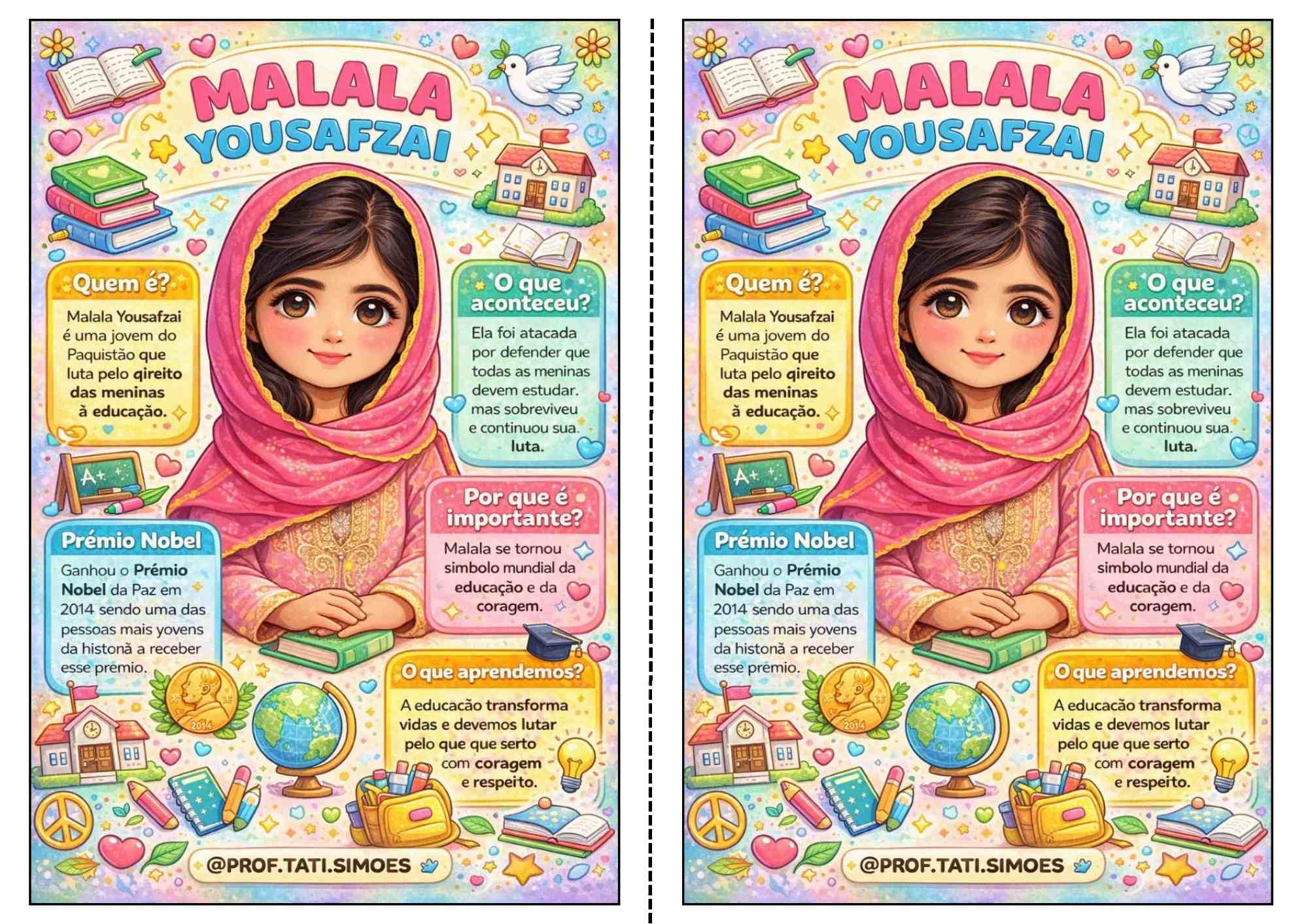 Atividade sobre Malala Yousafzai em PDF – Texto e Exercícios (BNCC) QUEM É MALALA Yousafzai_ @prof.tati.simoes
