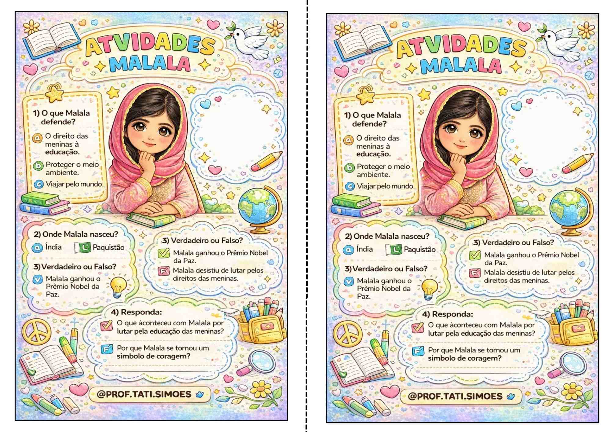 Atividade sobre Malala Yousafzai em PDF – Texto e Exercícios (BNCC) QUEM É MALALA Yousafzai_ @prof.tati.simoes