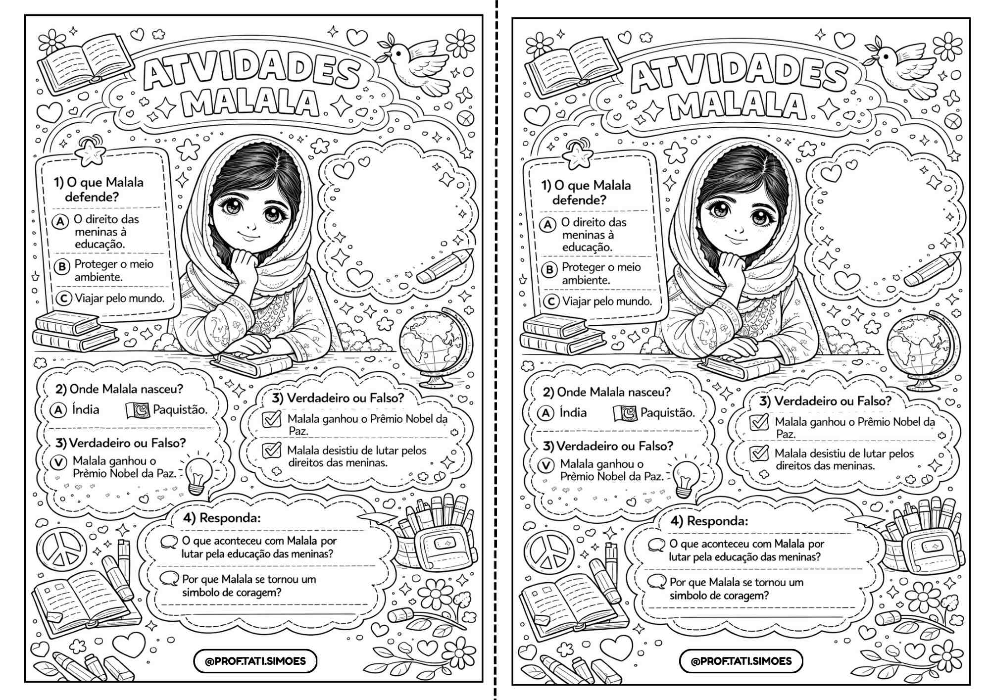 Atividade sobre Malala Yousafzai em PDF – Texto e Exercícios (BNCC) QUEM É MALALA Yousafzai_ @prof.tati.simoes