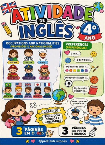 Atividade de Inglês 4º Ano – Profissões, Nacionalidades e Preferências