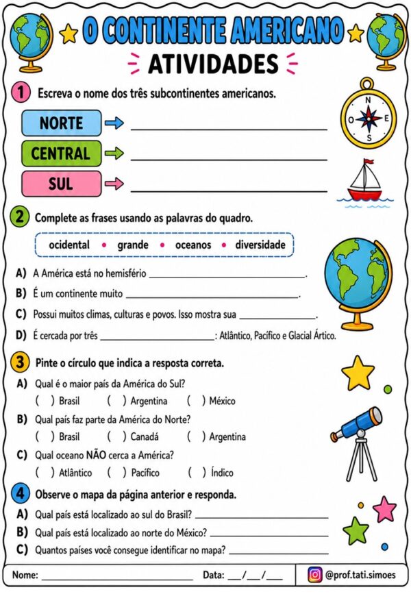 Atividades sobre o Continente Americano 4º e 5º Ano – BNCC