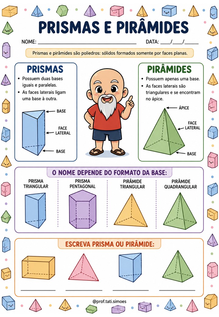Atividades de Sólidos Geométricos – Prismas, Pirâmides, Faces, Arestas e Vértices – 4º Ano Atividades de Sólidos Geométricos para o 4º Ano: Prismas, Pirâmides, Faces, Arestas e Vértices